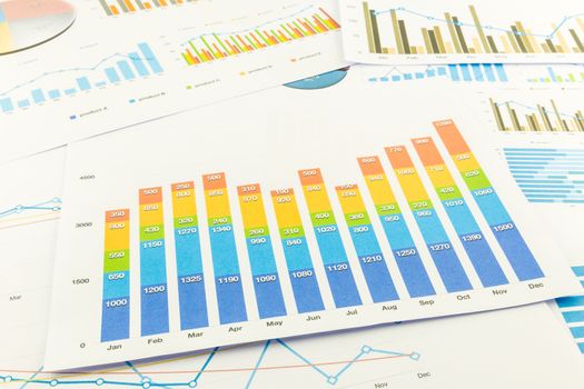Colourful bar graph with numbers, analysis charts and documents. Business annual reports and marketing research.