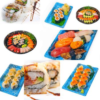 selection of many Japanese sushi dish collage over white frame 