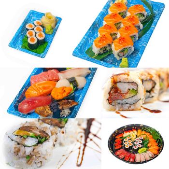 selection of many Japanese sushi dish collage over white frame 