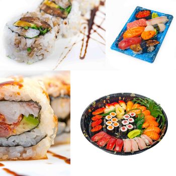 selection of many Japanese sushi dish collage over white frame 