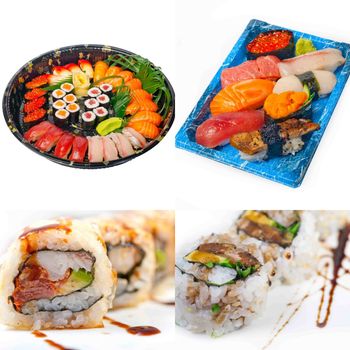 selection of many Japanese sushi dish collage over white frame 