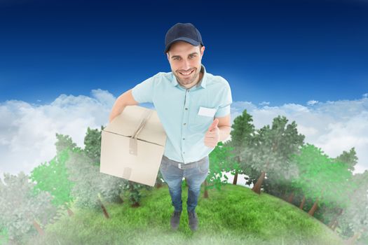 Delivery man with cardboard box gesturing thumbs up against bright blue sky over clouds