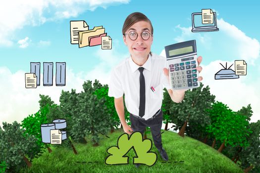 Geeky smiling businessman showing calculator  against blue sky
