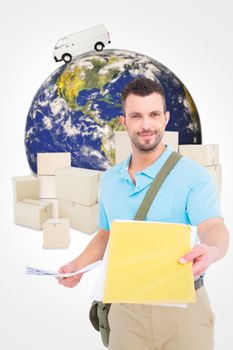 Postman with letter against logistics concept