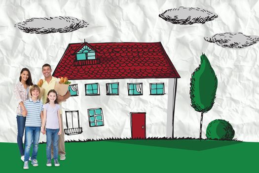 Happy family with grocery bags against crumpled white page 