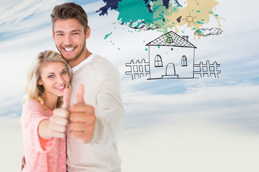 Attractive couple showing thumbs up to camera against blue sky with clouds