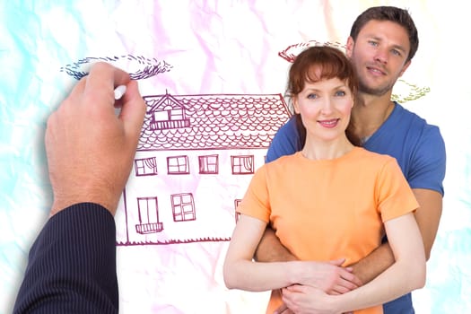 Happy couple looking at camera against crumpled white page 