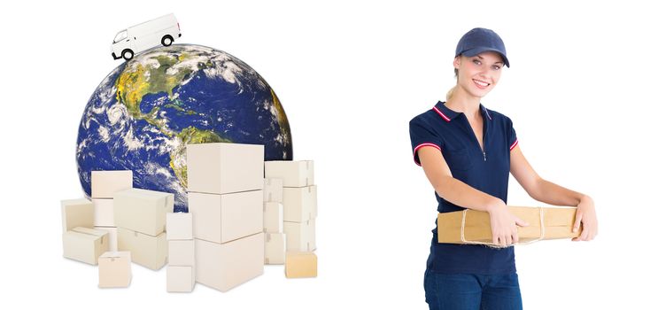 Happy delivery woman holding cardboard box against logistics concept
