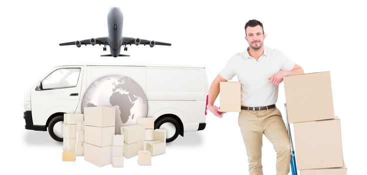 Delivery man with trolley of boxes against logistics concept