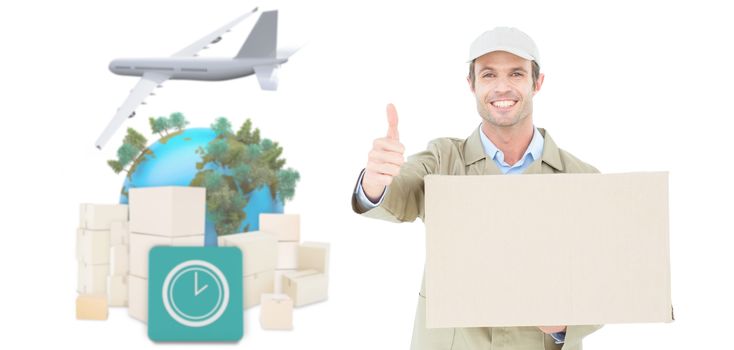 Happy delivery man gesturing thumbs up while carrying cardboard box against logistics graphic