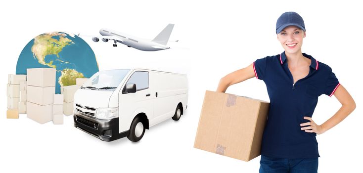 Happy delivery woman holding cardboard box  against logistics concept