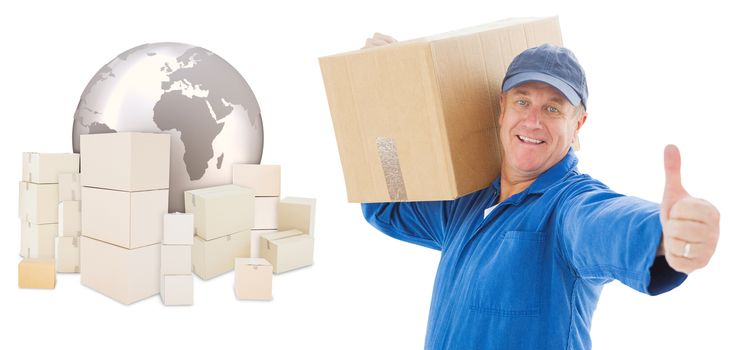 Happy delivery man holding cardboard box against logistics concept