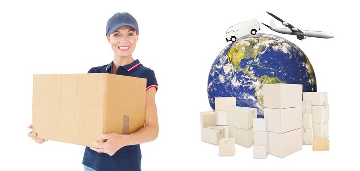 Happy delivery woman holding cardboard box against logistics concept