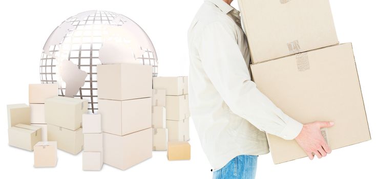 Delivery man carrying cardboard boxes against logistics concept