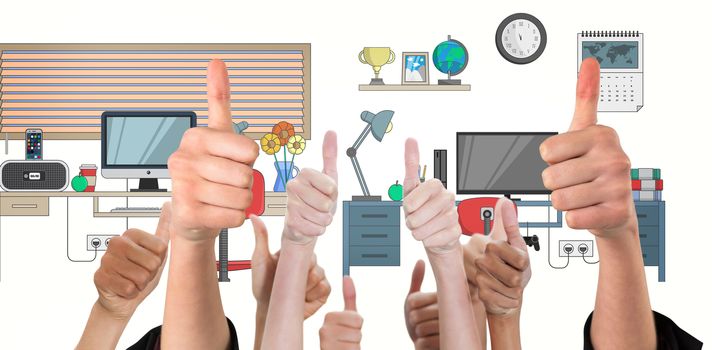 Hands showing thumbs up against desk with computer