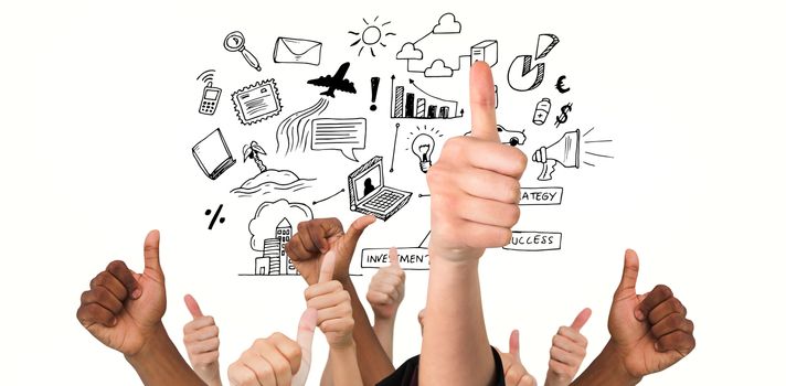 Hands showing thumbs up against brainstorm graphic