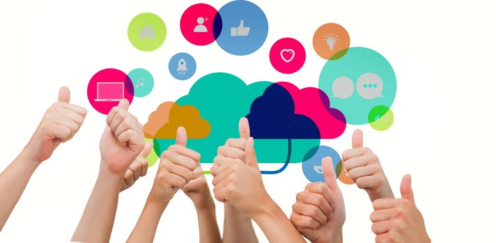 Group of hands giving thumbs up against apps and cloud computing concept