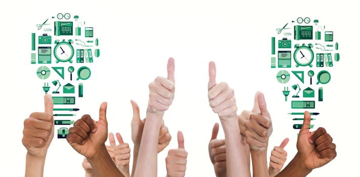Hands showing thumbs up against business tools in light bulb shape