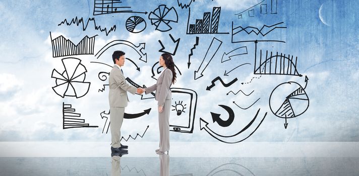 Business people shaking hands against painted blue sky