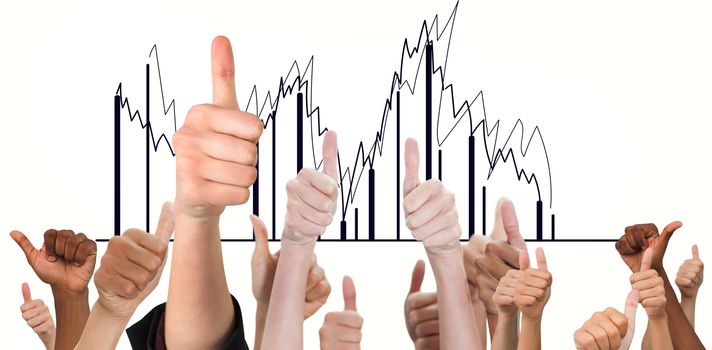 Hands showing thumbs up against graph