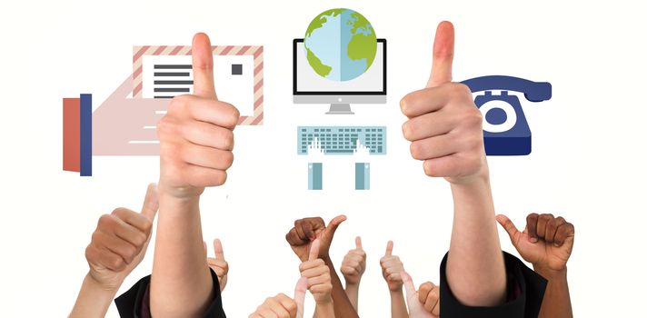 Hands showing thumbs up against business graphics