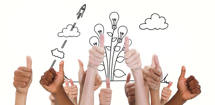 Hands showing thumbs up against idea and innovation graphic