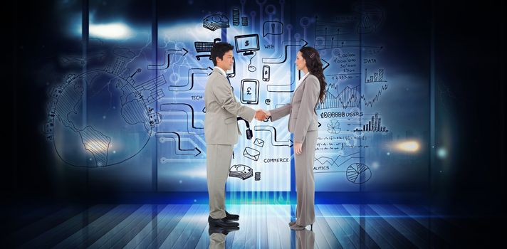 Business people shaking hands against technology background