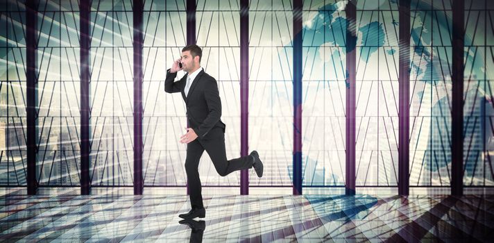 Businessman running on the phone  against global business graphic in blue