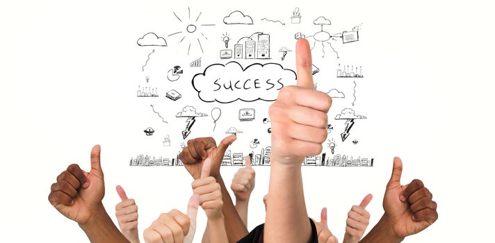 Hands showing thumbs up against success brainstorm