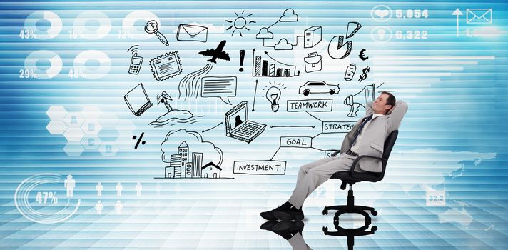 Businessman relaxing in swivel chair against futuristic technology interface
