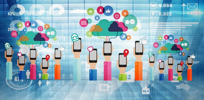 Smartphones connecting to cloud against futuristic technology interface