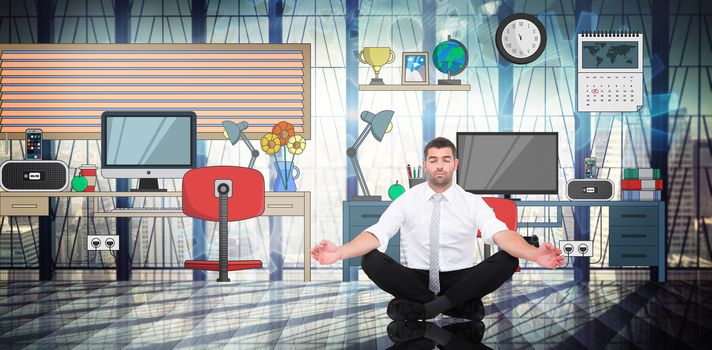 Businessman meditating in lotus pose against room with large window looking on city