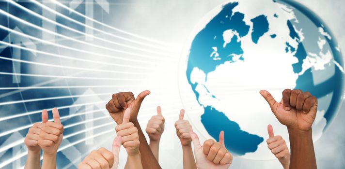 Hands giving thumbs up  against global business graphic in blue