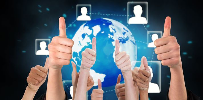 Hands showing thumbs up against futuristic technology interface