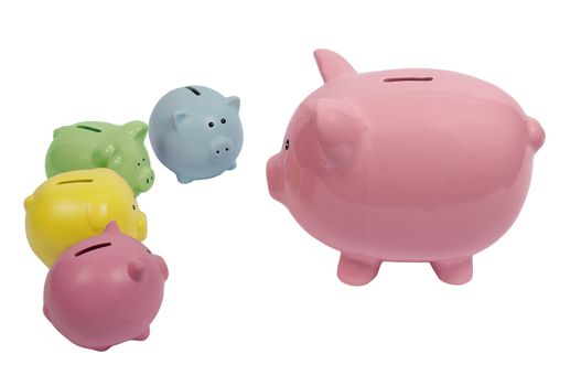 Pink piggy bank parent discusses the importance of savings with piggy bank kids.  Isolated on a white background.