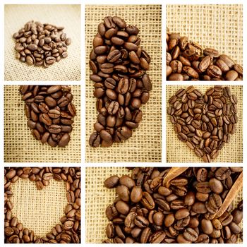 Various pictures with beans against coffee beans formed into shape