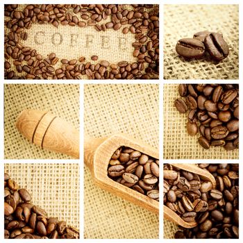 Wooden shovel full of coffee beans against various pictures representing coffee