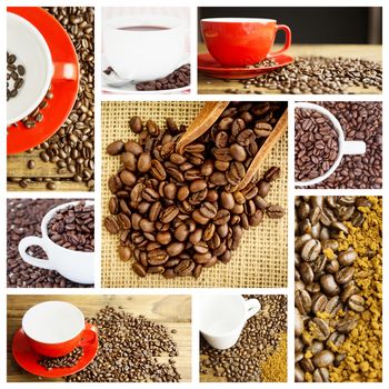 Wooden shovel with coffee beans against coffee beans and cup