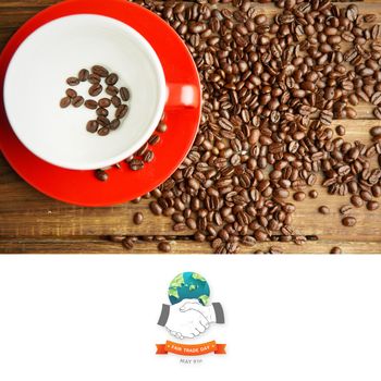 Fair Trade graphic against coffee beans in cup