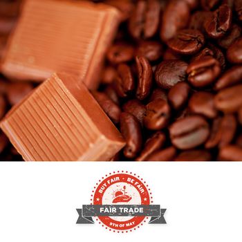 Fair Trade graphic against chocolate pieces and coffee beans side by side