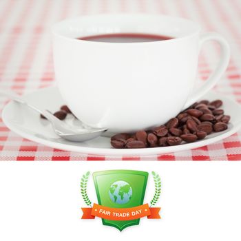 Fair Trade graphic against coffee and beans on a tablecloth