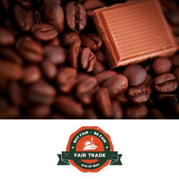 Fair Trade graphic against piece of chocolate and coffee seeds together