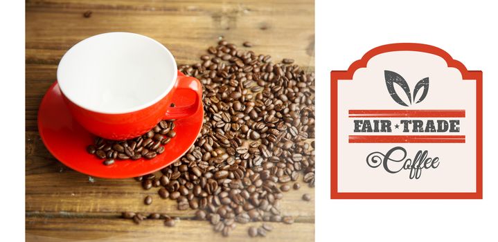 Fair Trade graphic against coffee beans and cup