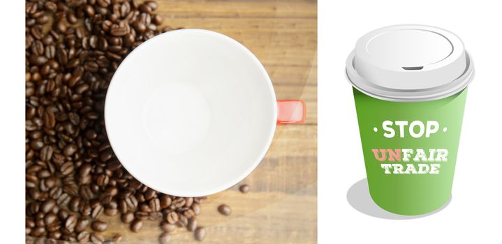 Fair Trade graphic against coffee beans and mugs