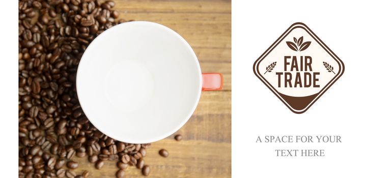Fair Trade graphic against coffee beans and mugs