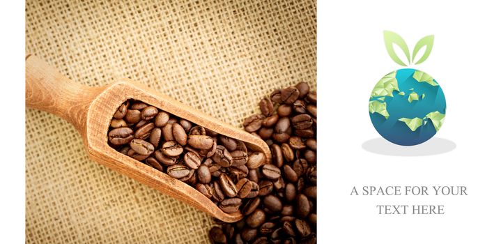 Fair Trade graphic against wooden shovel full of coffee beans