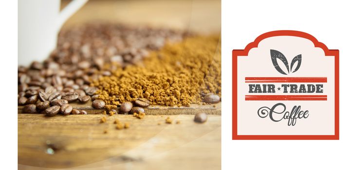 Fair Trade graphic against coffee beans