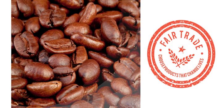 Fair Trade graphic against coffee seeds laid out together