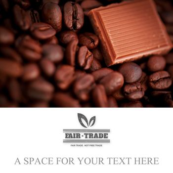 fair trade stamp against piece of chocolate and coffee seeds together