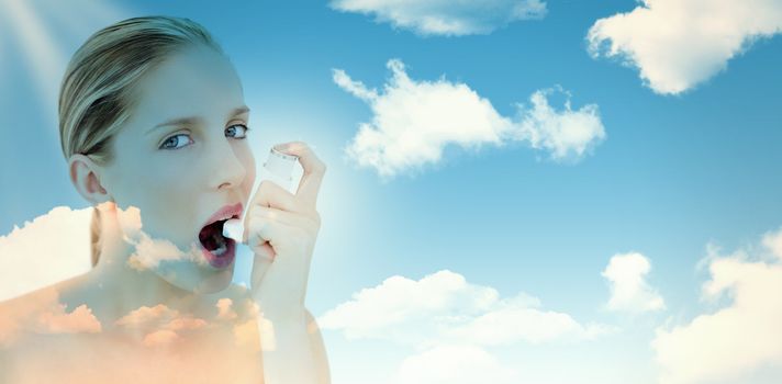 blue sky against natural fresh blonde woman using asthma inhaler